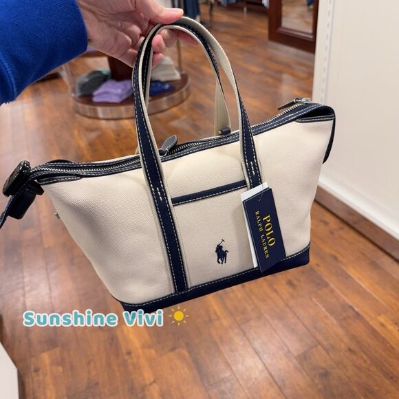 NWT Polo Ralph Lauren Canvas Zip Travel Tote Bag Crossbody Ecru /Navy - Picture 3 of 5